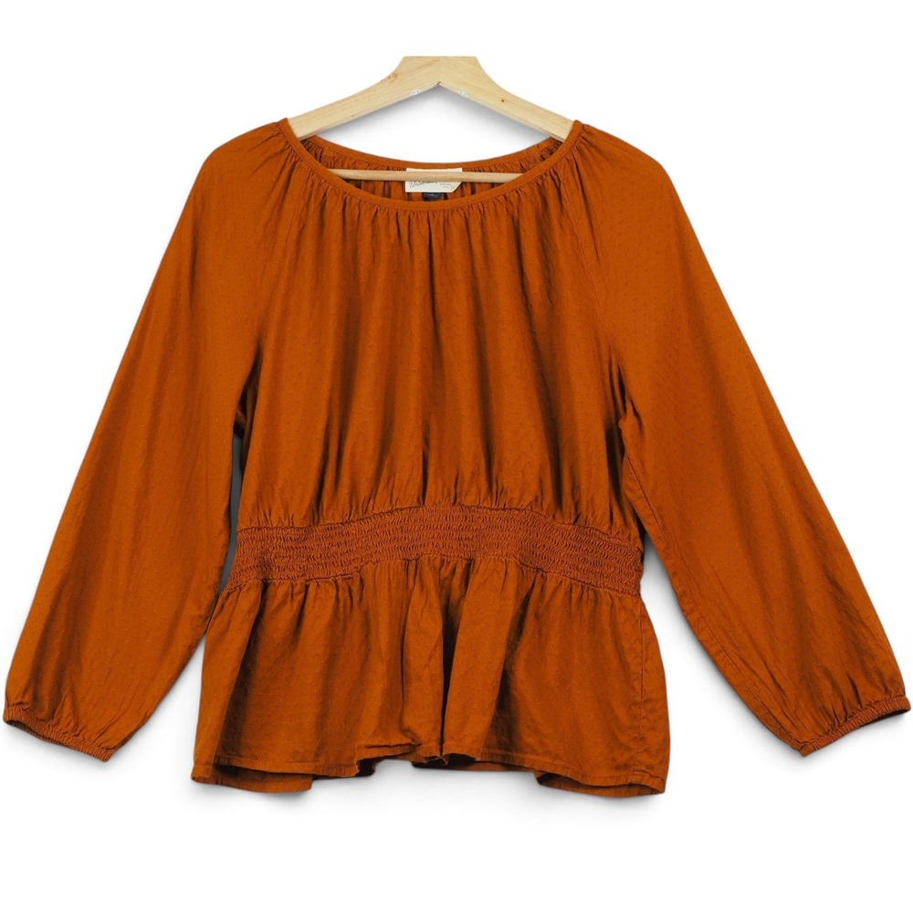 Rust Peplum Blouse Womens L Smocked Waist Dobby Peasant Boho Universal Thread